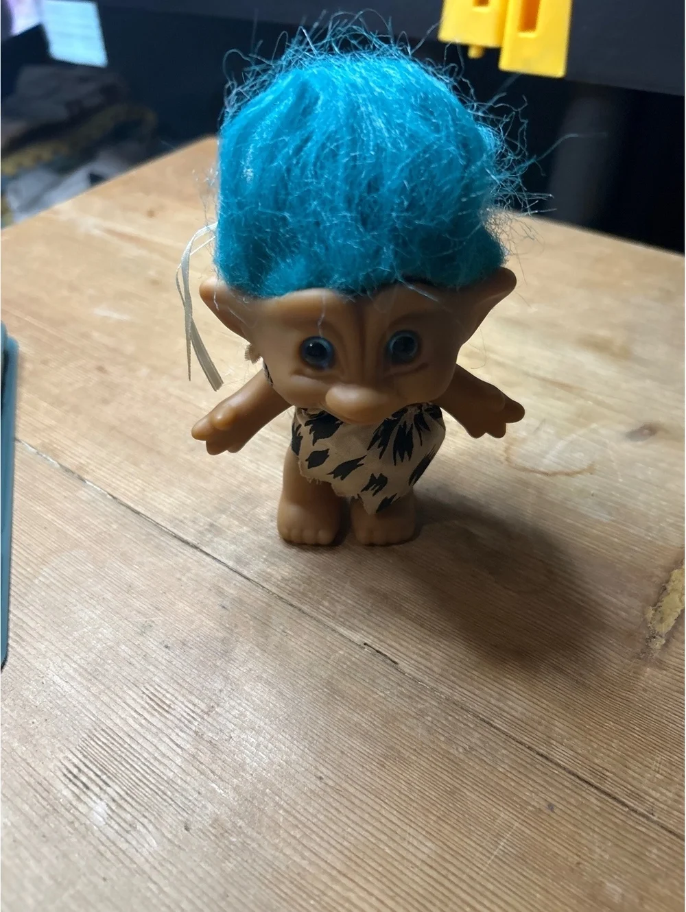 Vintage Troll Doll with Blue Hair and Animal Print Outfit